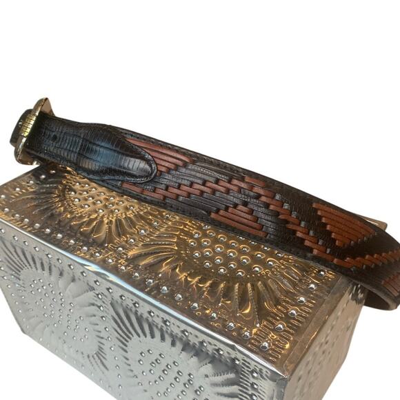 Bill Adler Genuine Leather Belt Woven Italian Calf Skin Brown Black Aztec 36 in - Picture 4 of 5